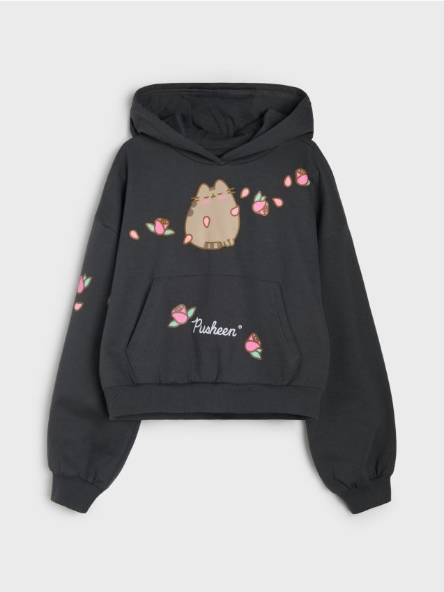 Sinsay - Hanorac oversized cu glugă și imprimeu Pusheen the Cat - gri-închis