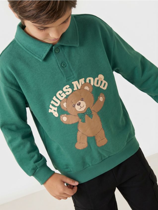 Sinsay - Hanorac polo din bumbac cu imprimeu ursuleț - albastru-verzui