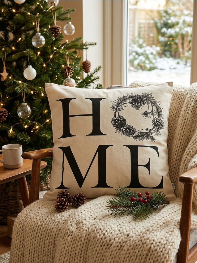 Sinsay - Față de pernă de Crăciun cu inscripția „Home“ - crem