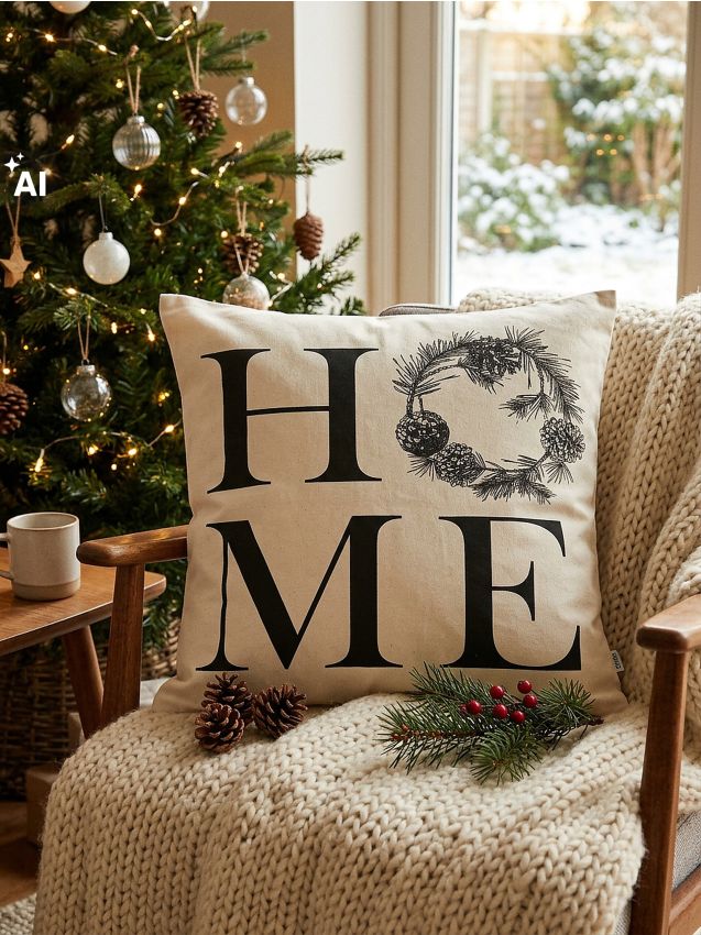 Sinsay - Față de pernă de Crăciun cu inscripția „Home“ - crem