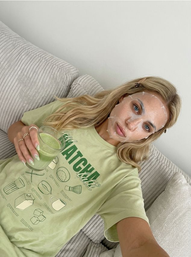 Sinsay - Camasa de noapte din bumbac cu mesaj Matcha - verde-deschis