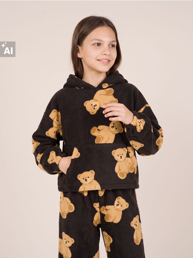 Sinsay - Hanorac din fleece cu glugă și motiv cu ursuleți - multicolor