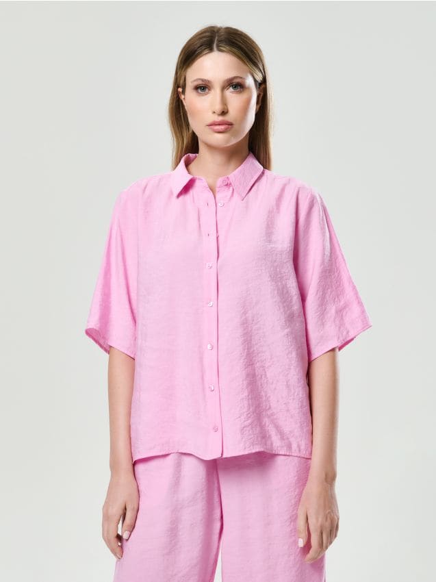 Sinsay - Koszula z krótkim rękawem i kołnierzykiem z modalem - różowy
