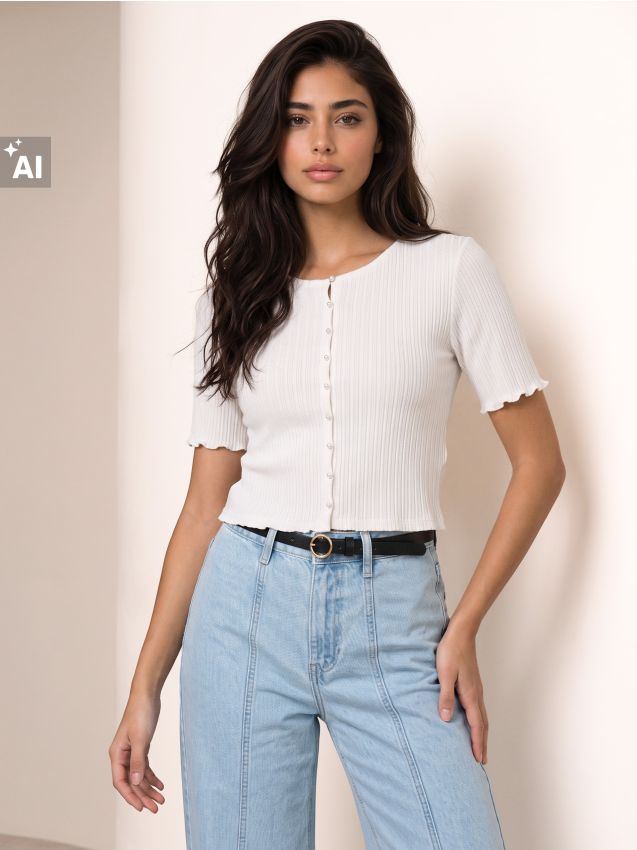 Sinsay - Bluza rib cu nasturi de perlă din vâscoză - crem