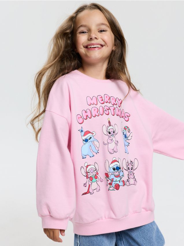 Sinsay - Bluză crewneck din bumbac cu imprimeu de Crăciun Stitch - roz