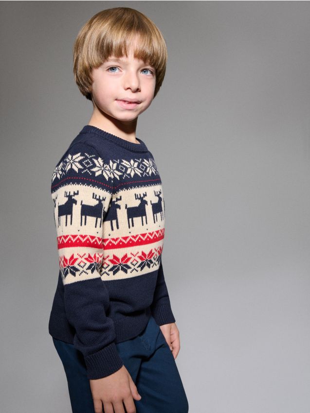 Sinsay - Vianočný sveter s motívom sobov a snehových vločiek - tmavomodrá