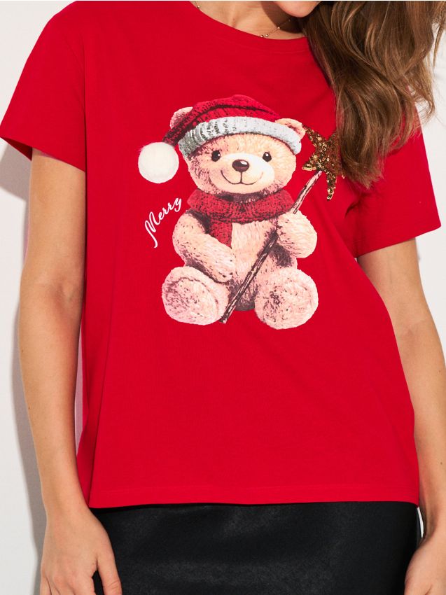 Sinsay - Bavlnené oversize tričko s potlačou - červená