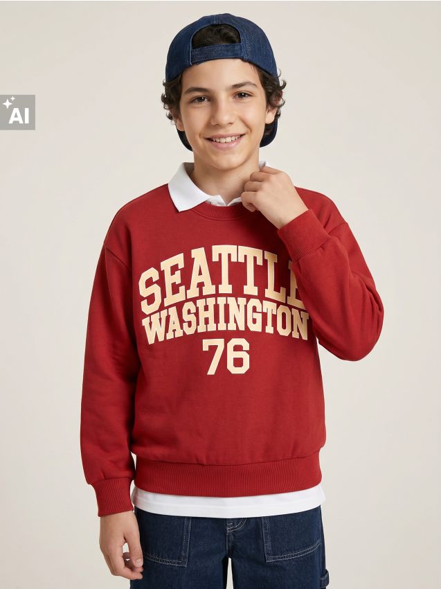 Sinsay - Bluză crewneck cu inscripție - bordo