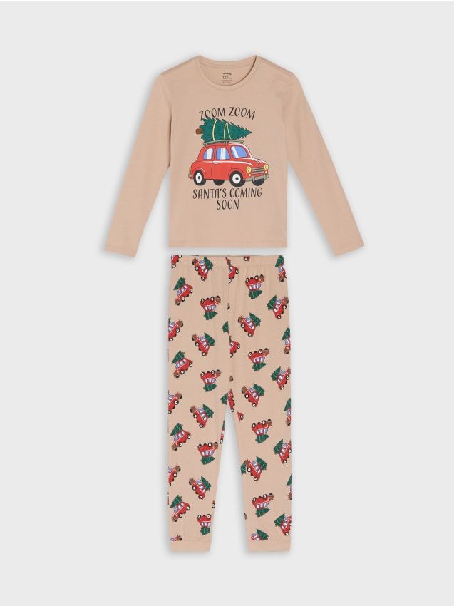 Sinsay - Dvojdielne vianočné pyžamo s potlačou auta a stromčeka - béžová
