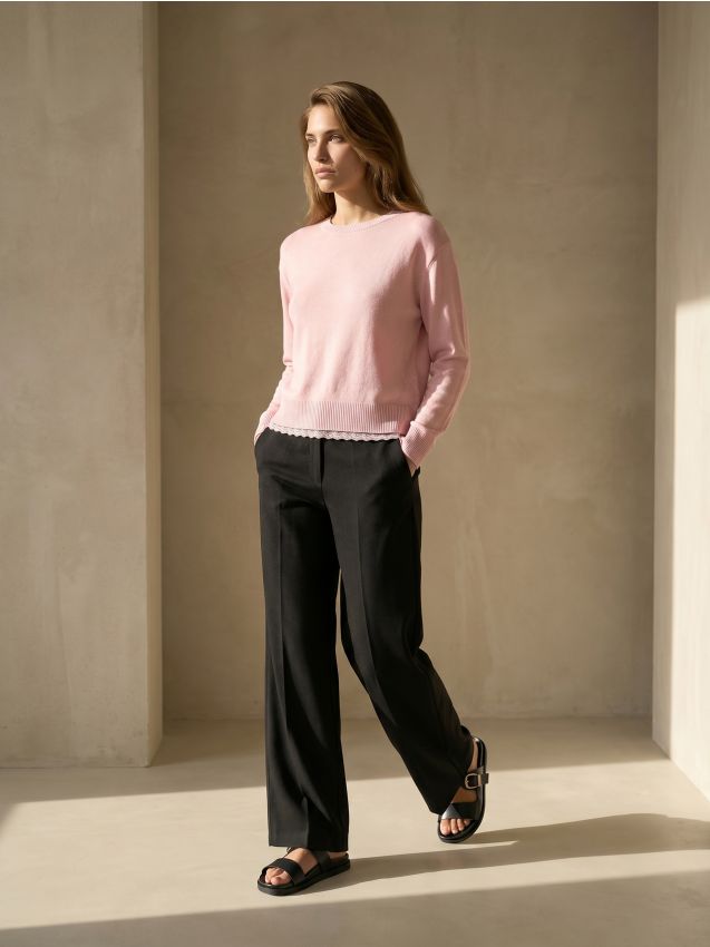 Sinsay - Pulover chunky cu finisaj din dantelă - roz-pastel
