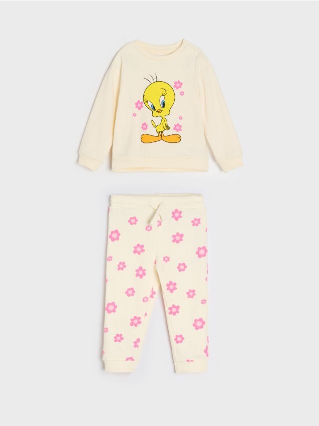 Sinsay - Komplet: bluza i spodnie Looney Tunes - kremowy