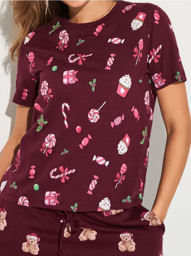 Sinsay - Tricou de Crăciun cu imprimeu dulciuri și cadouri - bordo