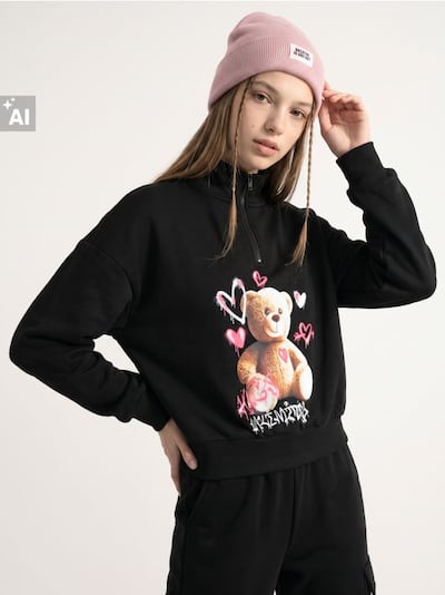 Half-zip pulover s potiskom medvedka