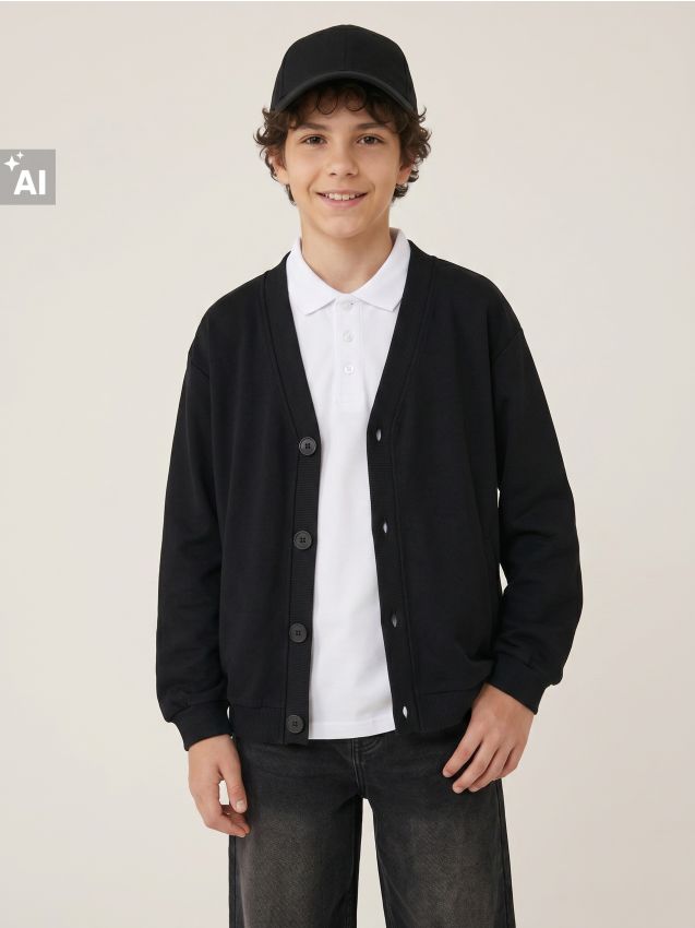 Sinsay - Hanorac Tip Cardigan cu Nasturi - negru