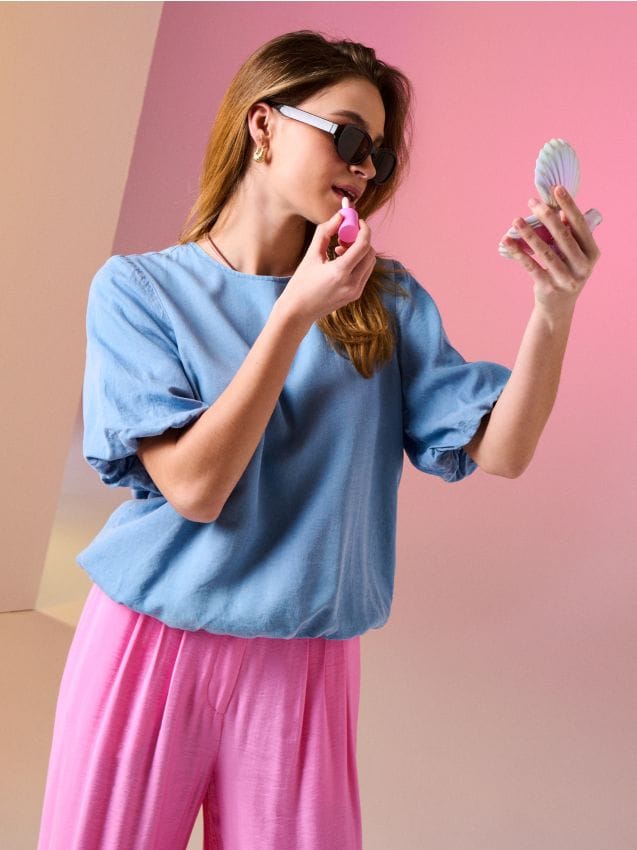 Sinsay - Bluză cu mâneci scurte tip balon din lyocell - light blue