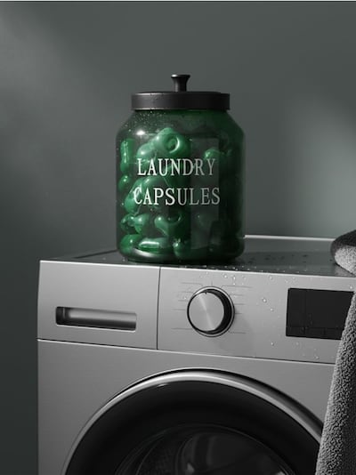 Staklena posuda s poklopcem za tablete za pranje