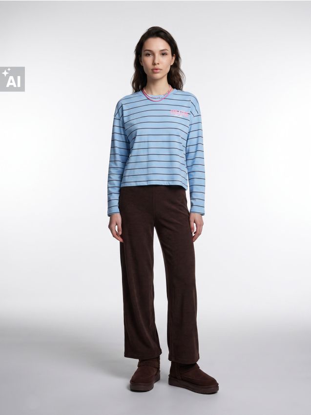 Sinsay - Tricou din bumbac cu mânecă lungă și dungi - albastru-pal