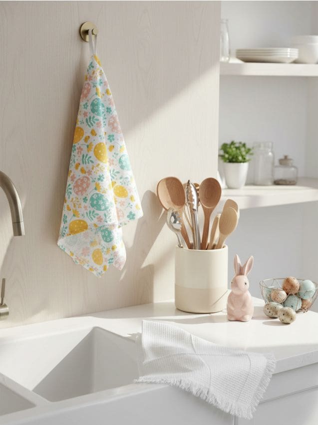 Sinsay - Prosoape de bucătărie de Paște cu motiv de ouă și plante, set de 2 - alb