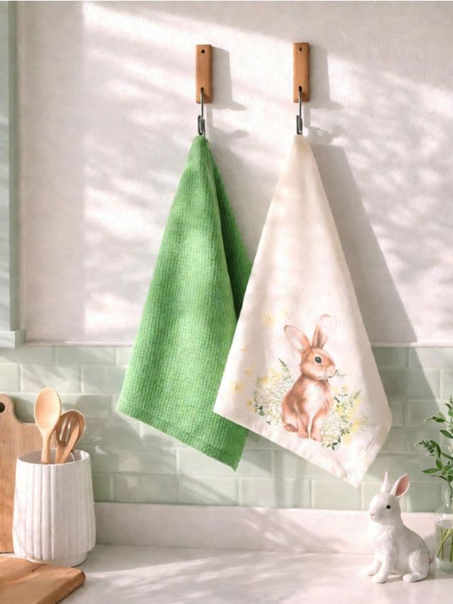 Sinsay - Prosoape de bucătărie de Paște cu motiv de iepuraș, set de 2 - verde-deschis