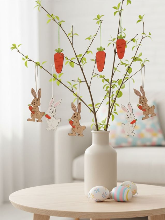 Sinsay - Set de ornamente pascale din lemn, de agățat, cu iepurași și morcovi 12 pack - portocaliu