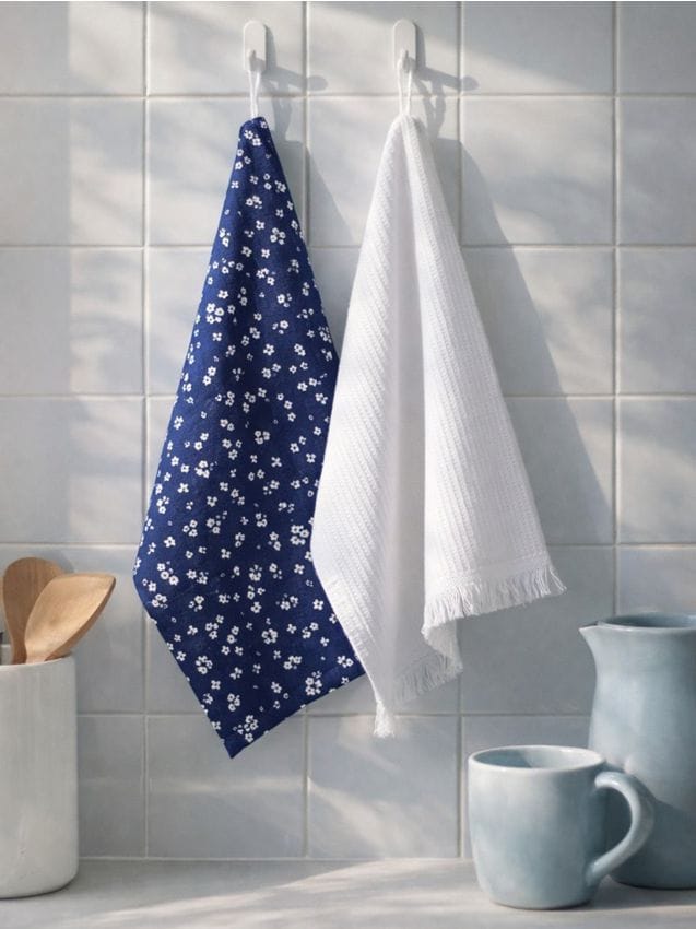 Set di strofinacci da cucina con motivo floreale, set da 2 - blu scuro