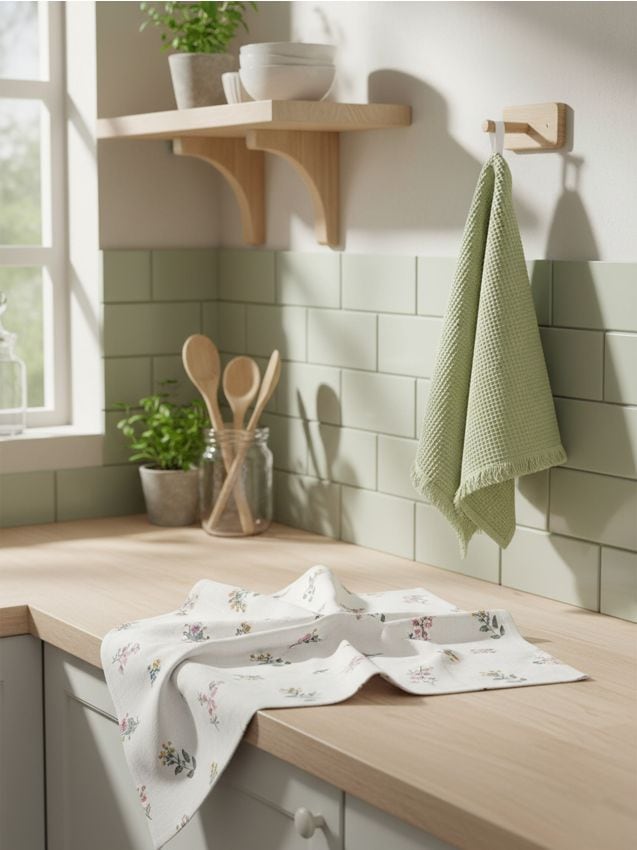 Set di strofinacci da cucina con motivo floreale, set da 2 - verde
