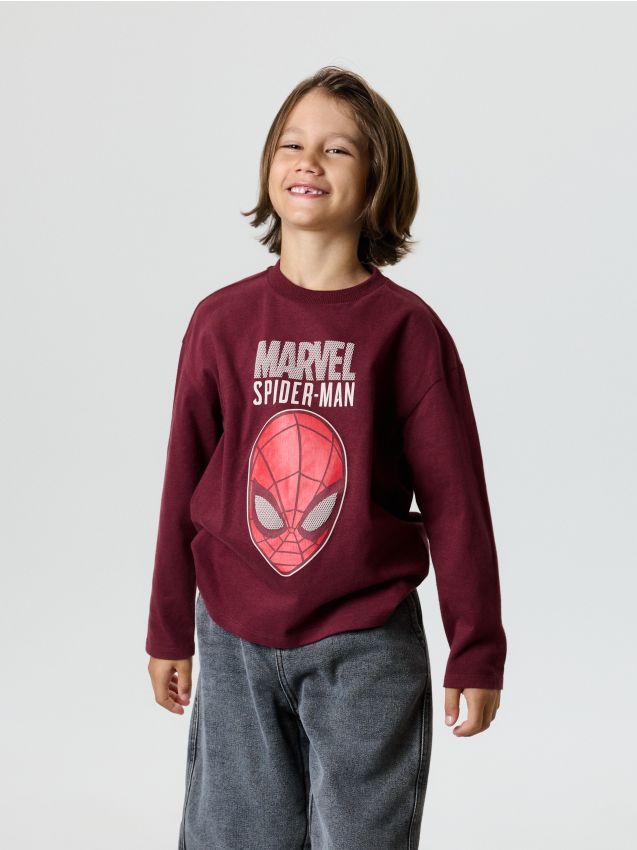 Sinsay - Tricou oversize din bumbac cu imprimeu Spider-Man - bordo