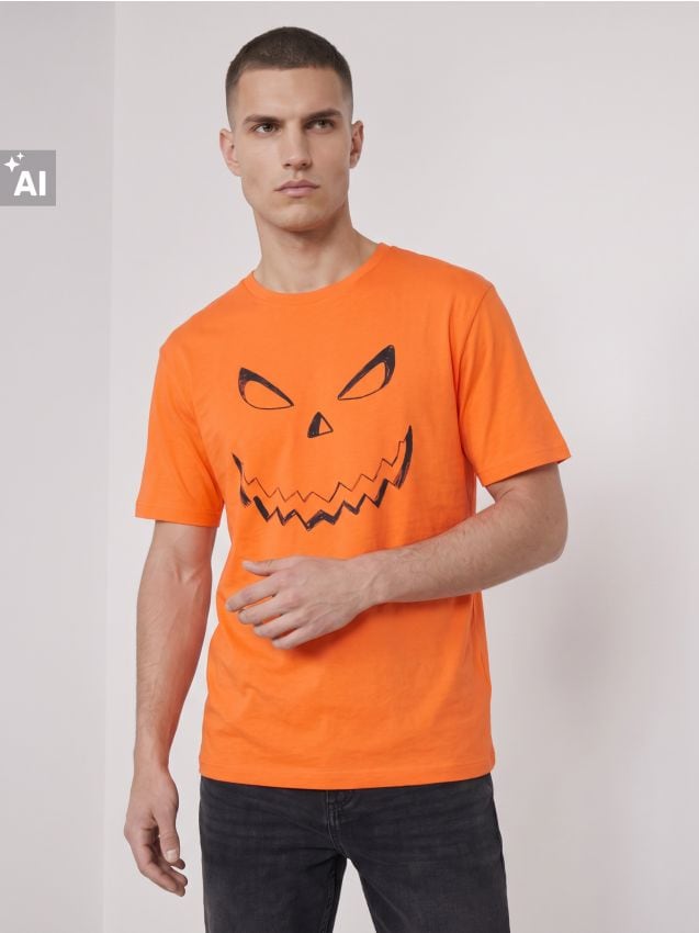 Sinsay - Tricou din bumbac cu motiv de Halloween - oranj-deschis
