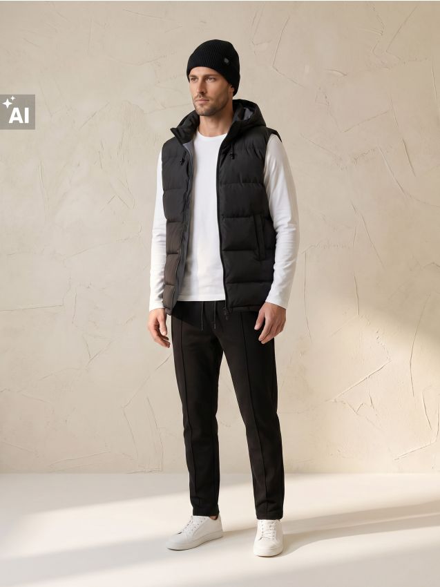 Sinsay - Vestă puffer lungă cu glugă - negru