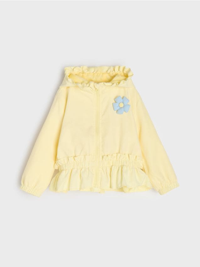 Sinsay - Cienka kurtka z kapturem z ozdobnym kwiatkiem 3D i falbanką - żółty