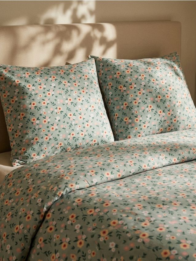 Sinsay - Set de lenjerie de pat cu flori - verde-pal