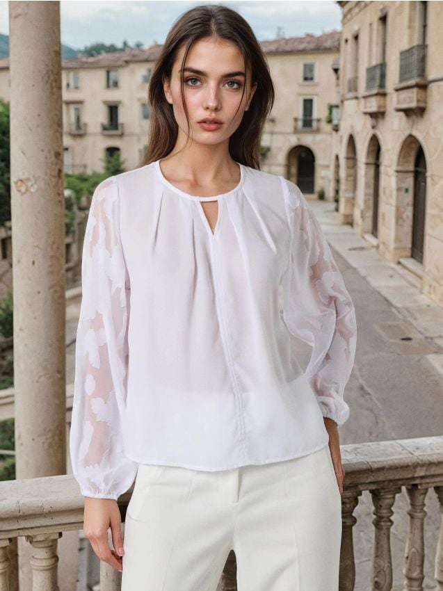 Sinsay - Bluză tip cămașă cu mâneci jacard - alb