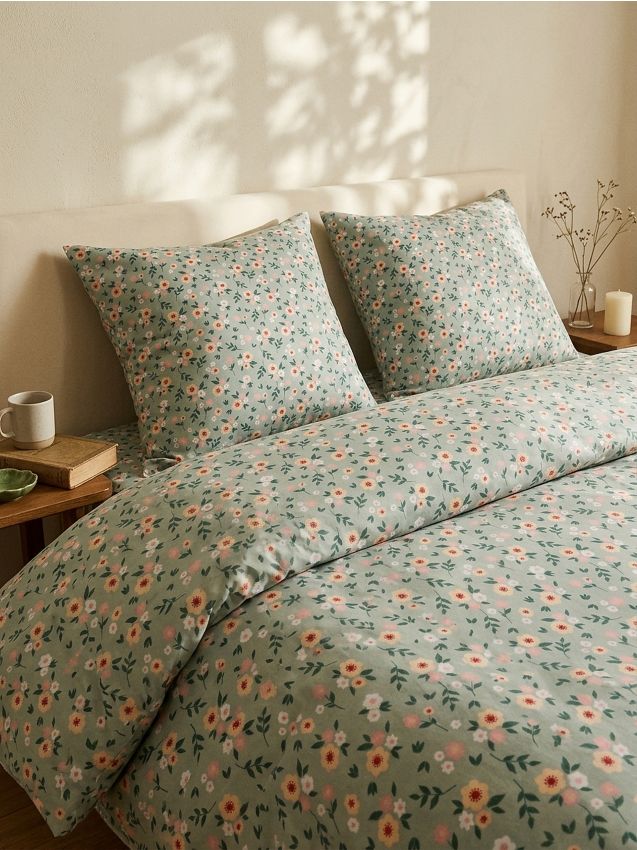 Sinsay - Set de lenjerie de pat cu flori - verde-pal