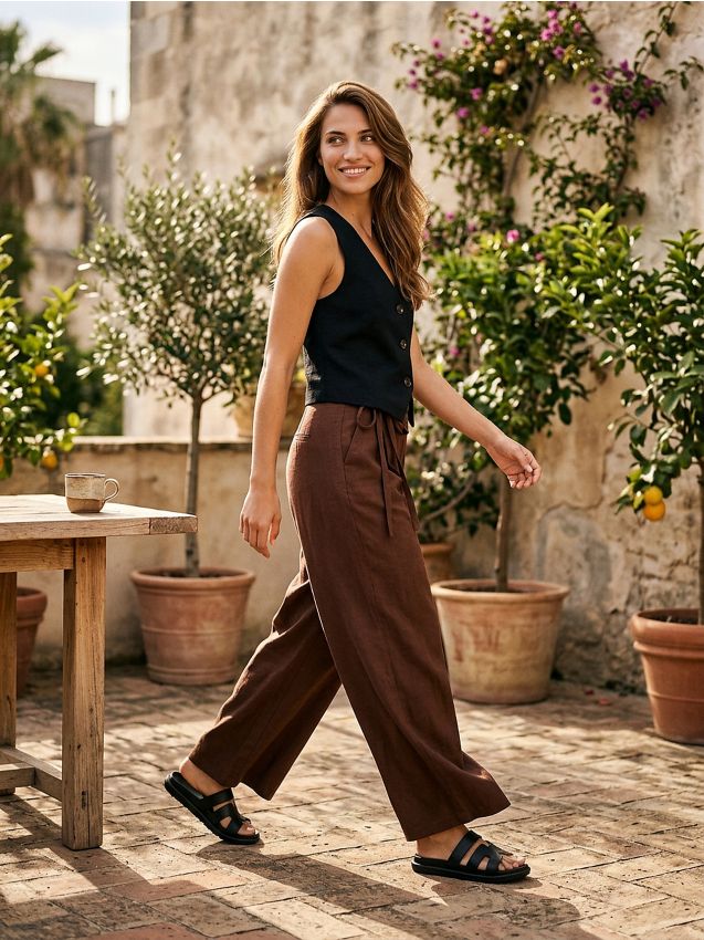 Sinsay - Pantaloni largi cu amestec de in - bej