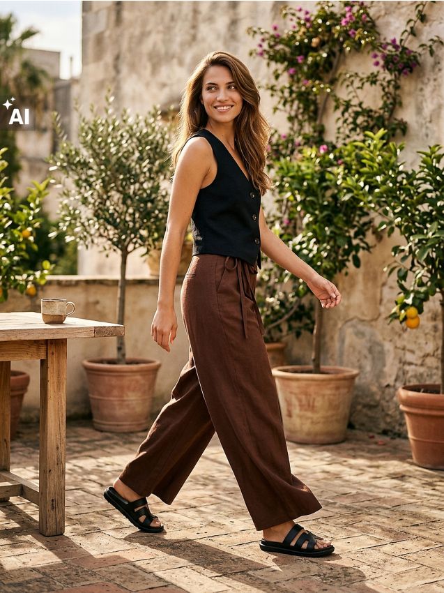 Sinsay - Pantaloni largi cu amestec de in - bej