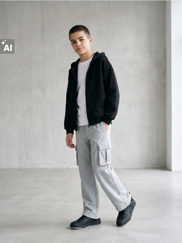 Sinsay - Pantaloni cargo wide leg din bumbac - gri-neutru