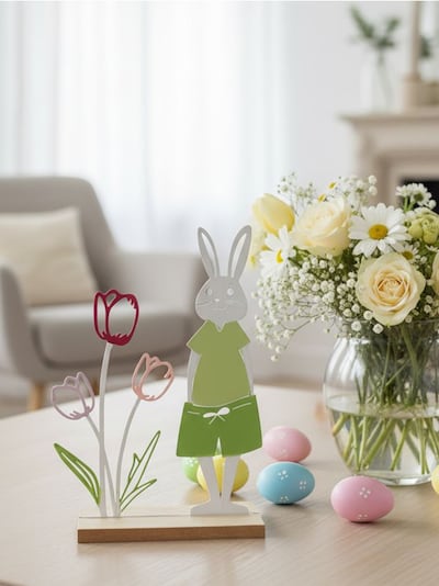 Seisev lihavõttekaunistus jänese ja tulpidega