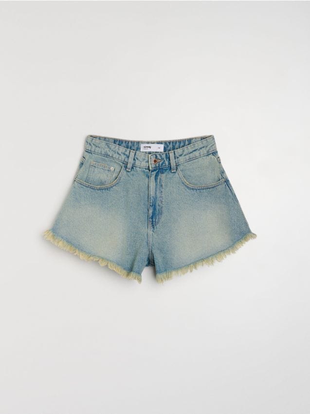 Bermuda in denim a vita alta con orlo sfilacciato - tTurchese