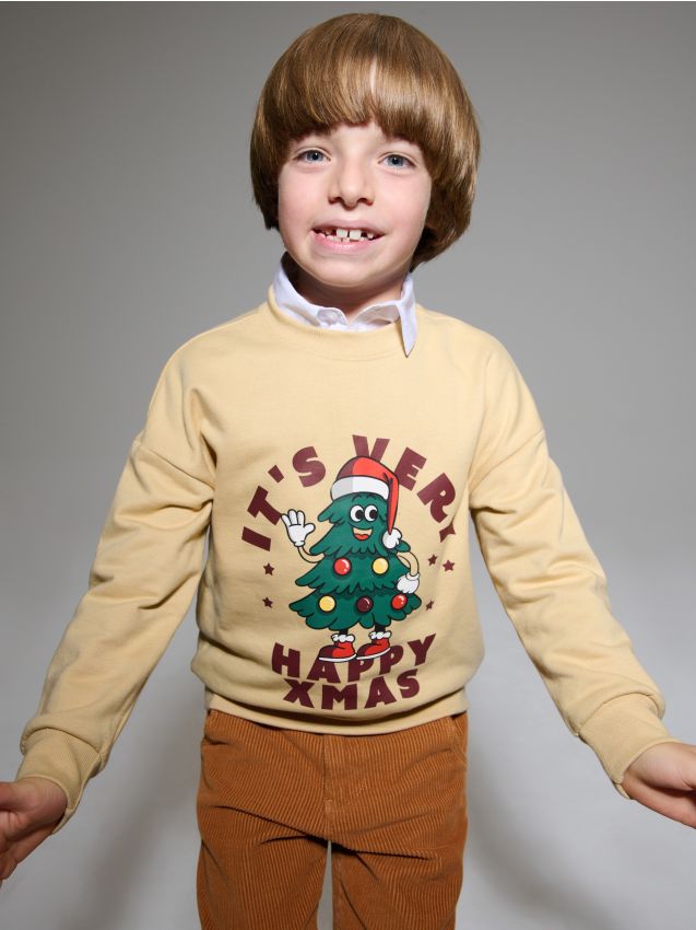 Sinsay - Vianočná mikina s potlačou stromčeka - béžová