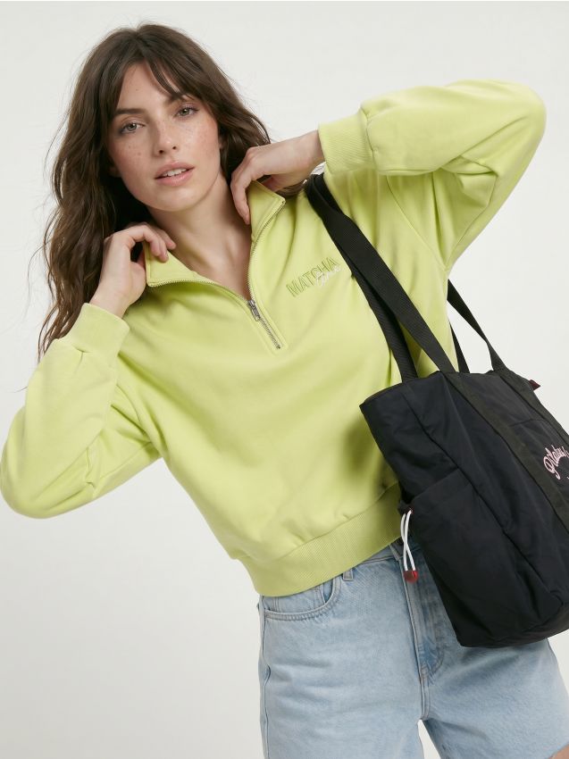 Sinsay - Bluza half-zip z haftowanym napisem z bawełną - zielony