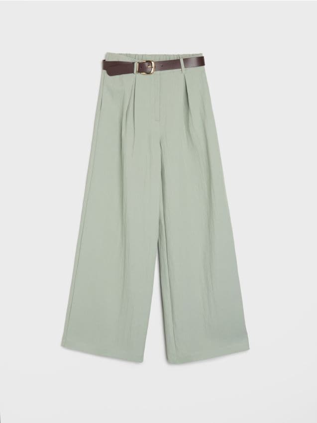 Sinsay - Pantaloni wide leg cu curea, cu adaos de viscoză - turcoaz-pal