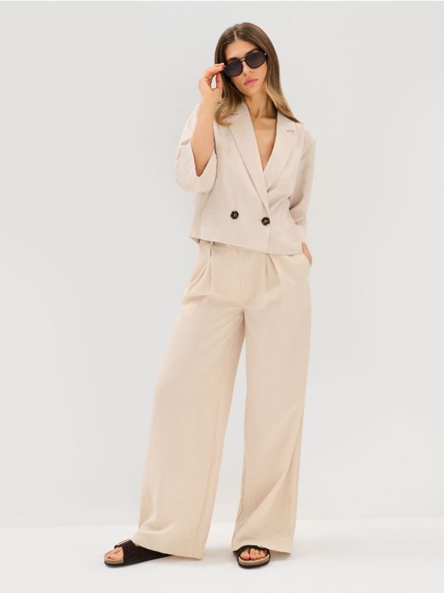 Sinsay - Pantaloni wide leg cu curea, cu adaos de viscoză - bej