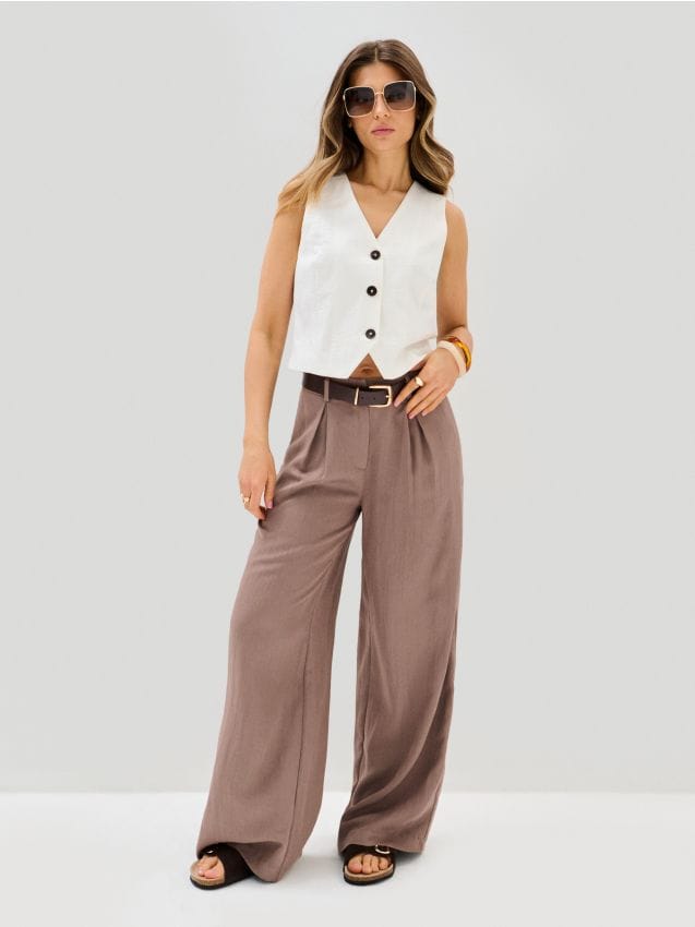 Sinsay - Pantaloni wide leg cu curea, cu adaos de viscoză - bej