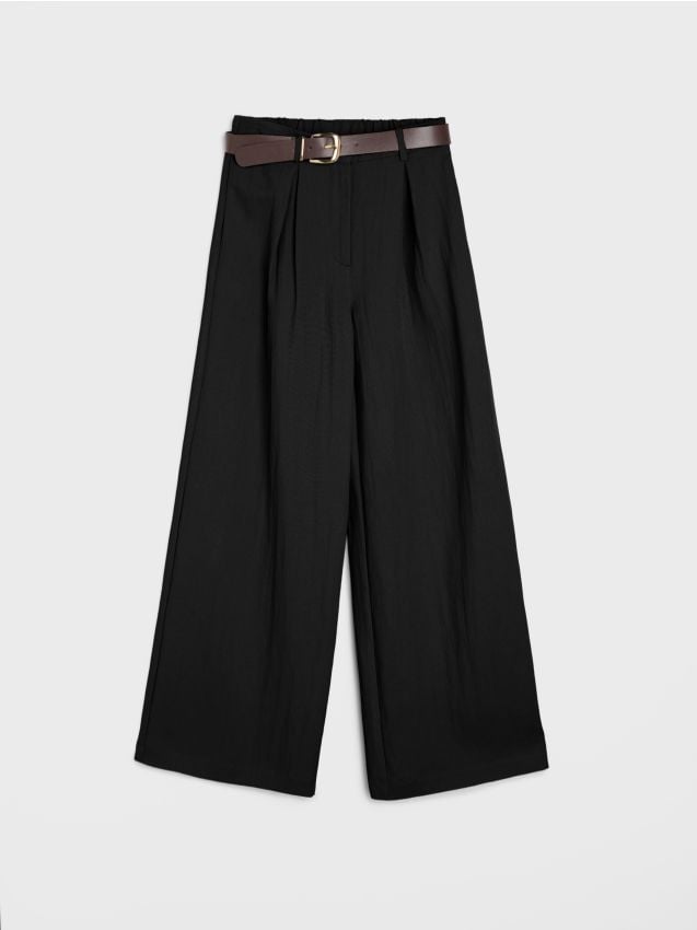 Sinsay - Spodnie wide leg z paskiem z domieszką wiskozy - czarny
