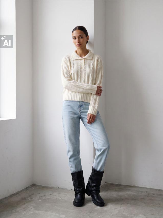 Sinsay - Blugi mom fit cu efect spălat - albastru