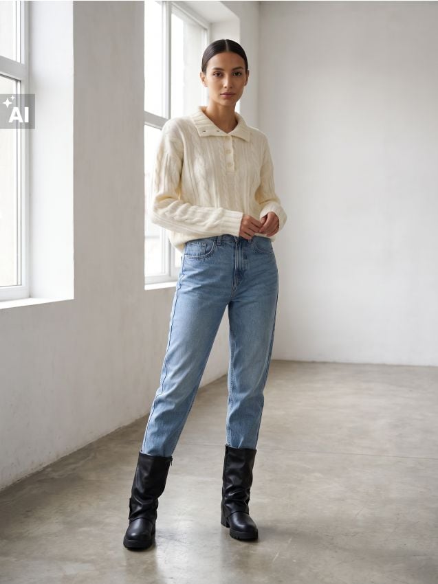 Sinsay - Blugi mom fit cu efect spălat - albastru