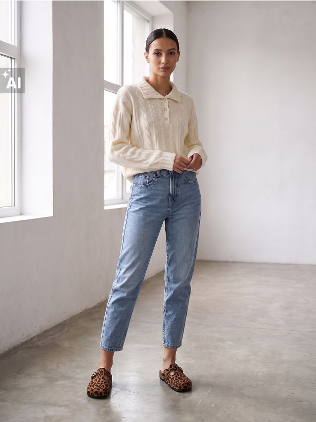 Sinsay - Blugi mom fit cu efect spălat - albastru