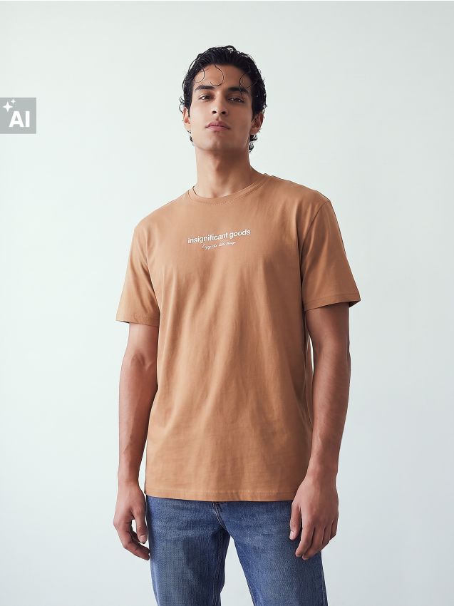 Sinsay - Tricou comfort din bumbac cu inscriptie - brun-auriu