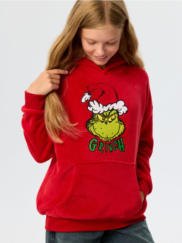 Sinsay - Hanorac de Crăciun cu glugă și broderie Grinch - roșu