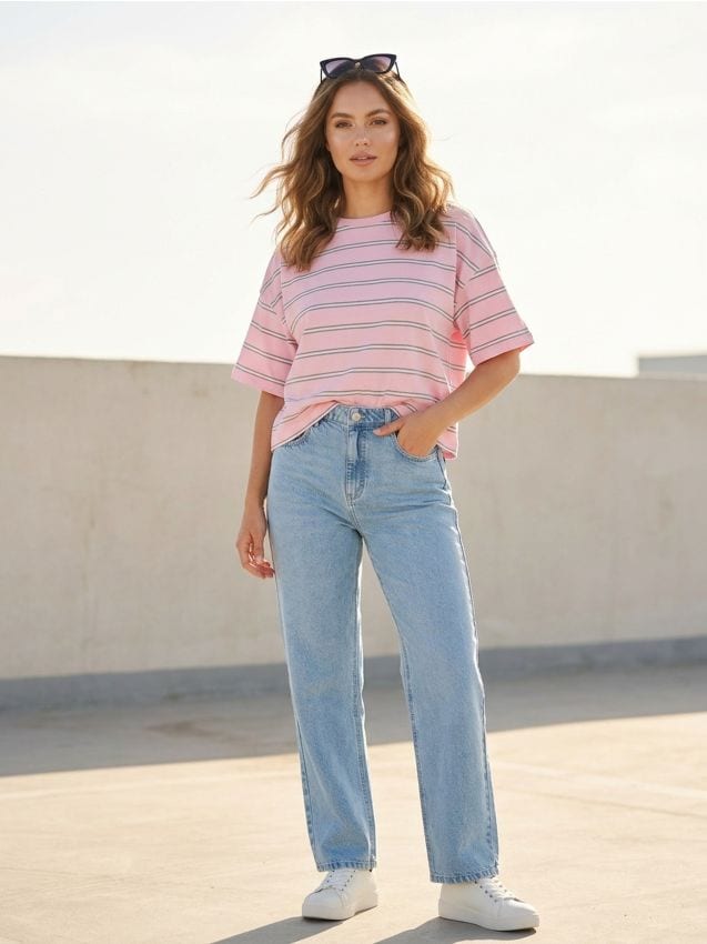 Sinsay - Tricou din bumbac în dungi - roz-begonie